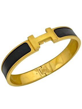 Hermes Click Enamel Bracelet Clic Clac Bangle Gold Plated Black